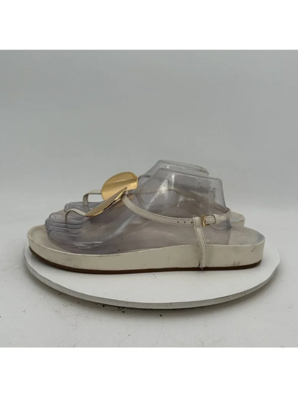 Tory Burch Patos Disk Women Size 10.5M Ivory Leather Gold Strap Thong Sandal